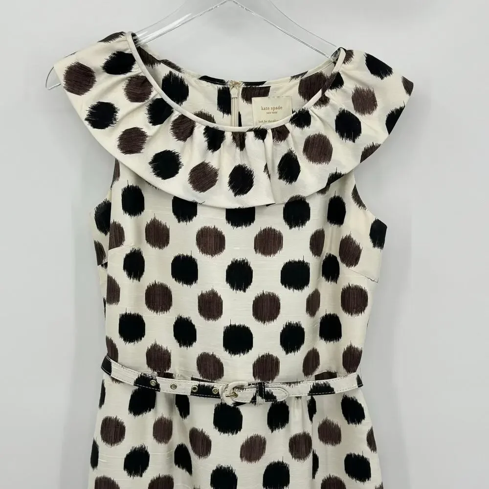 Kate Spade dress 100% silk ruffle collar belted polka dot sheath brown cream 6